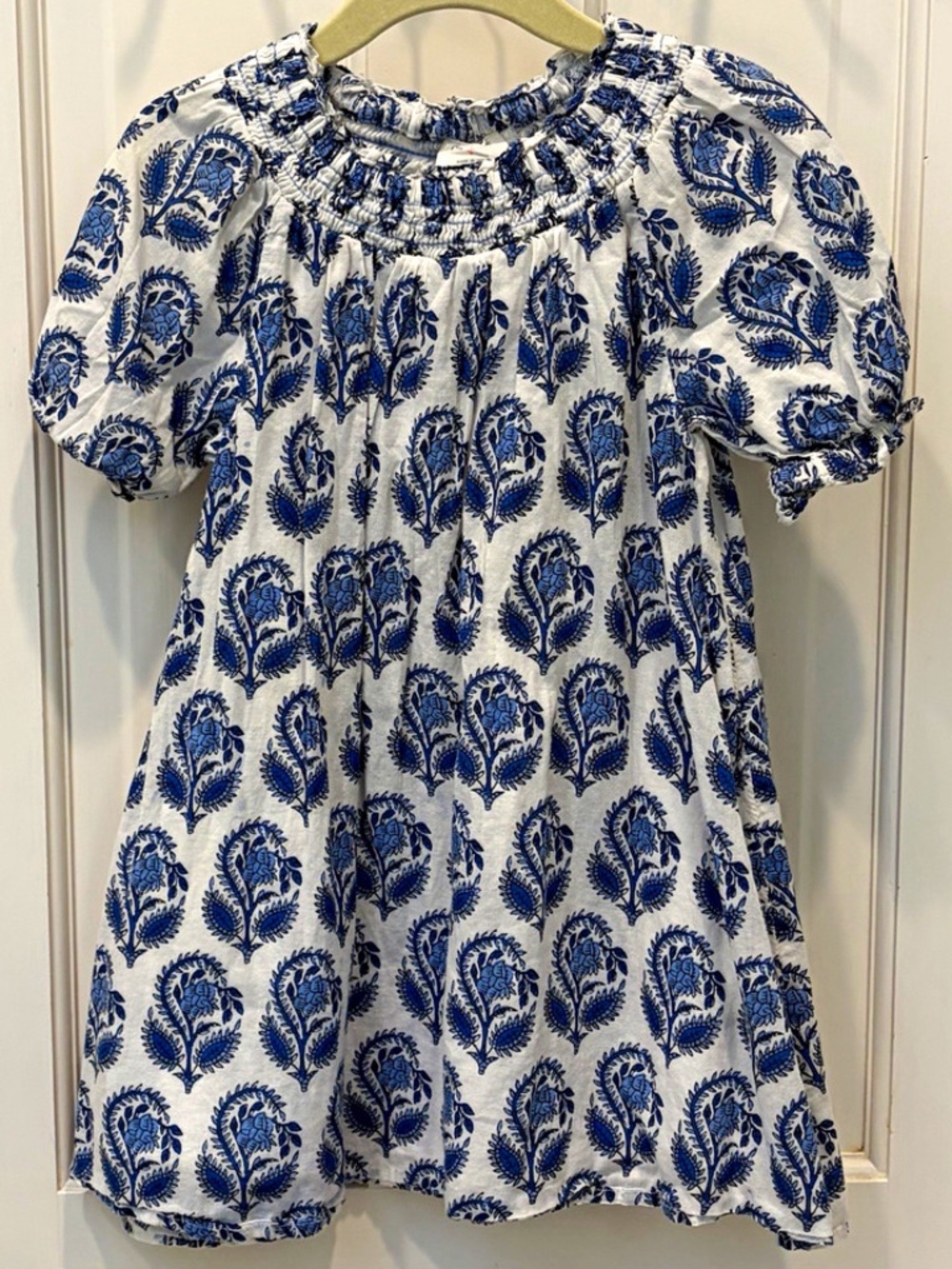 Crewcuts Girls Size 4 Blue White Smocked Lined Puff Sleeve 100% Cotton Dress
